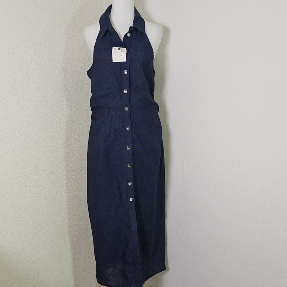SOLD Zara Womens Dress Sz L Blue/Black Blend 100% Linen TShirt Style Maxi Preppy - Picture 1 of 14